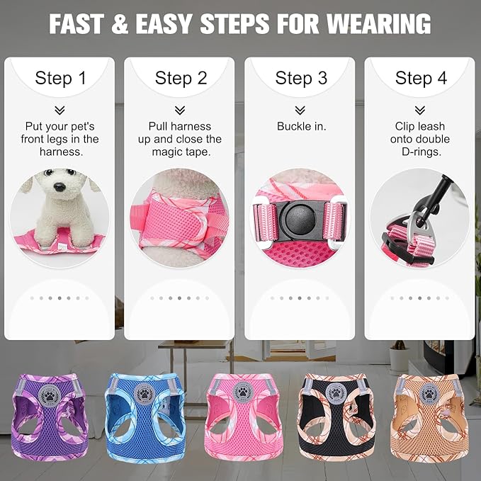BEAUTYZOO Dog Harness and Leash Set for Small Medium Dogs,No Pull Step-in Harness for Puppy S M Sized Dogs and Cats,Air Mesh Adjustable Breathable Soft No Chock Escape Proof Vest Harnesses,Pink L