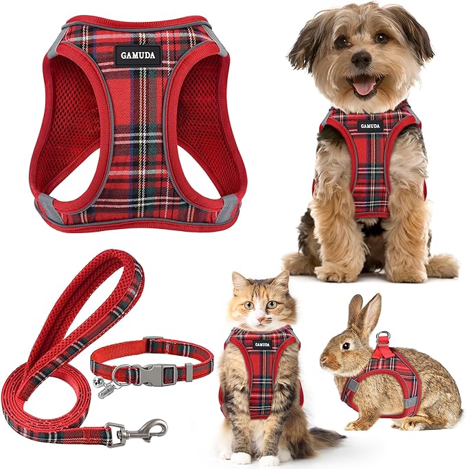 GAMUDA Small Dog Harness Collar and Leash Set, Step in No Chock No Pull Soft Mesh Adjustable Dog Vest Harnesses Plaid Reflective for Dogs Puppy Cats Kitten Rabbit (Red, XS)