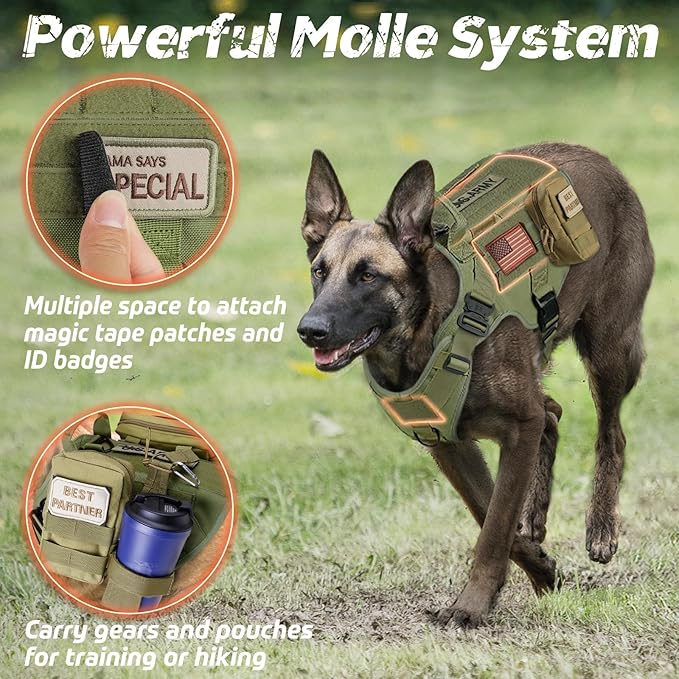 rabbitgoo Tactical Dog Harness for Large Dogs, Heavy Duty Dog Harness with Handle, No-Pull Service Dog Vest Large Breed, Adjustable Military Dog Vest Harness for Training Hunting Walking, Green, XL