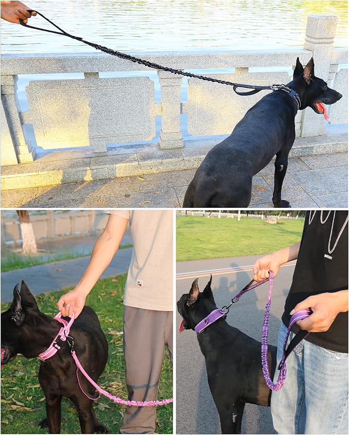 AUBELL Tactical Dog Collar and Leash Set, Adjustable Military Nylon Reflective Dog Leash and Collar with Handle and Heavy Metal Buckle for Medium Large Dogs, with Airtag Case and 2 Patches(Black, XL)