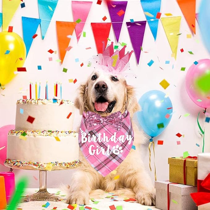 Dog Birthday Party Supplies, Multi Sizes Dog Birthday Bandana Girl Dog Birthday Hat Crown with Birthday Numbers Bow Tie for Large Extra Large Dogs Pets (Pink, X-Large)
