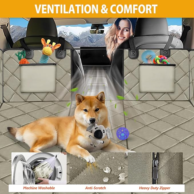 Back Seat Extender for Dogs-Large Space, Dog Car Seat Cover Hard Bottom Holds 400lbs, Sturdy Backseat Extender for Dogs, Waterproof Dog Hammock for Car Dog Car Bed for Car, SUV, Truck Khaki