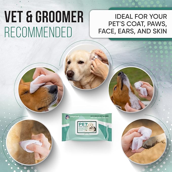 MAGICARE Dog Wipes for Paws, Butt, Ears & Eyes – 100 Extra Wet & Thick Unscented Grooming Pet Wipes for Dogs & Cats – Deodorizing, Hypoallergenic – Made in USA