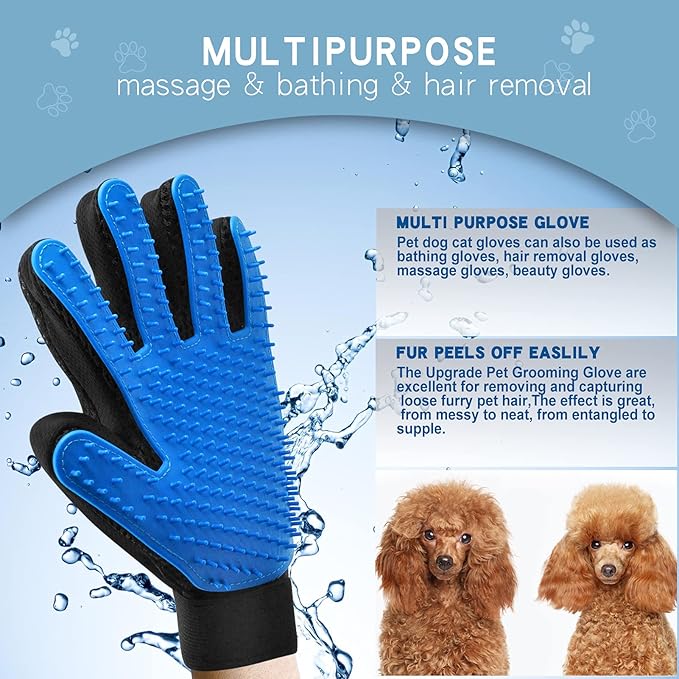 GOESWELL Double-Sided Undercoat Rake for Pet Grooming - Shedding and Dematting Comb with Grooming Glove (Blue 2 Pack)