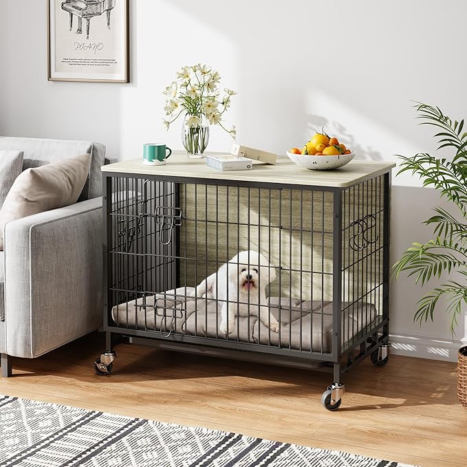 Small Dog Crate Furniture, 27.2"L x 20.1"W x 23.6"H,Indoor Pet Crate with Double Doors, Removable Tray and 360° Wheels, Wooden Countertop Dog Kennel,Gray&Black