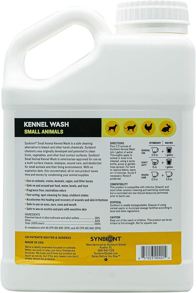 Synbiont Kennel Wash 1 Gallon Concentrate - Cleaner & Deodorizer for Birds, Cats, Dogs, Rabbits, Chickens - Dog Kennel Deodorizer Alternative - Pet Shampoo