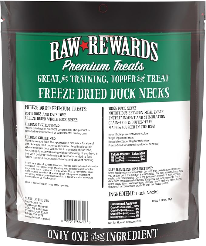 Northwest Naturals Raw Rewards Freeze-Dried Duck Neck Treats for Dogs and Cats - Bite-Sized Pieces - Healthy, 1 Ingredient, Human Grade Pet Food, All Natural - 5 Oz (Pack of 3)