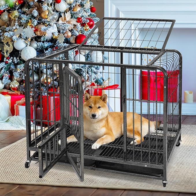 Dog Kennel Indoor, 36 Inch Dog Crate Heavy Duty, Escape Proof Dog Cage Kennel with Removable Tray for Small Dogs, High Anxiety Crate with Lockable Wheels and 3 Doors