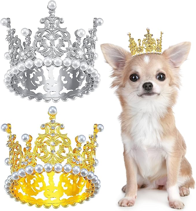 PET SHOW 2pcs Medium Dog Crown Headband Puppies Cat Hat for Birthday Party Silver Gold Rhinestone Faux Pearl Crown for Boy Girl Wedding Hair Accessories Photo Prop Costume