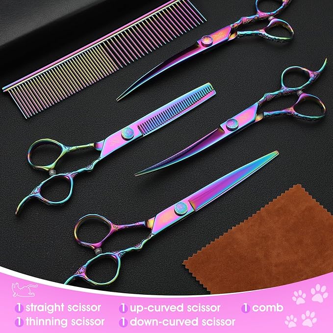 JASON Dog Grooming Scissors Kit, Professional 6 in 1 Dog Scissors Set - 6.5" Thinning, 7" Straight, 7" Up-Curved, 7" Down-curved Shears and Comb for Dog Cat Pet (Rainbow)