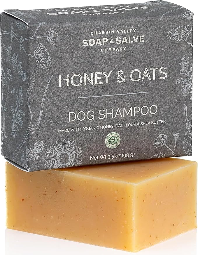 Chagrin Valley Soap & Salve Certified Organic Dog Shampoo and Conditioner – Puppy Shampoo Itchy Skin Relief and Puppy Essentials - Natural Handmade Honey & Oats, 3.8 oz Bar Soap
