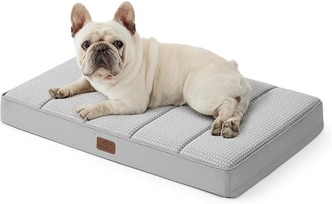 Bedsure Cooling Gel Foam Dog Bed for Large Dogs, Waterproof Orthopedic Egg Foam Dog Bed for Outdoor, Summer Comfort Pet Mats for Crate with Washable Cover(24"x16", Grey)