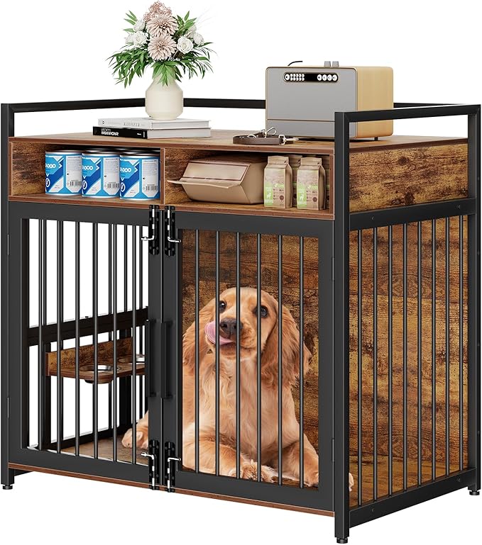 Dog Crate Furniture, 48 Inch Wooden Dog Cage with 2 Drawers, 360° & Adjustable Raised Feeder, Furniture Dog Crate for Medium-Large Dog Indoor