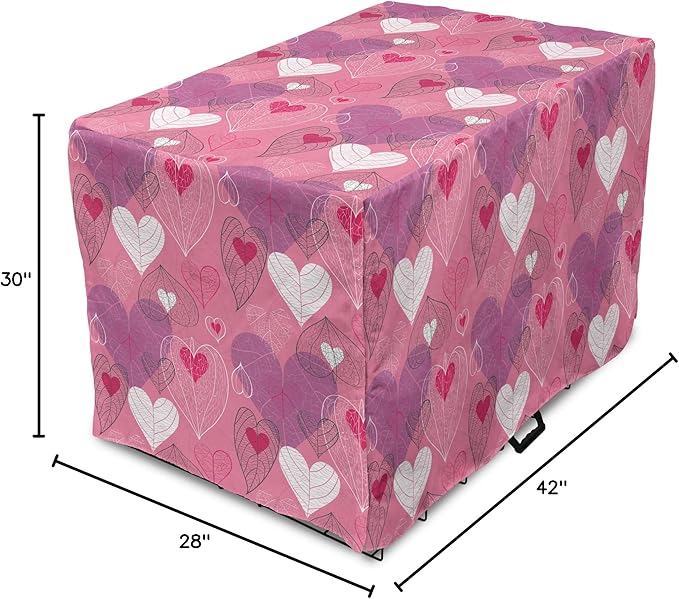 Lunarable Love Dog Crate Cover, Natural Theme Abstract Hearts Pattern Leaves Romantic Nature Art, Easy to Use Pet Kennel Cover for Medium Large Dogs, 42 Inch, Pink Purple