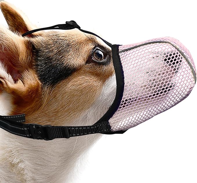 Dog Muzzle, Breathable Soft Muzzle for Small Dogs to Anti & Prevent Barking Biting Chewing, Reflective & Adjustable Basket Muzzle with Air Mesh for Toy Poodles Pink S