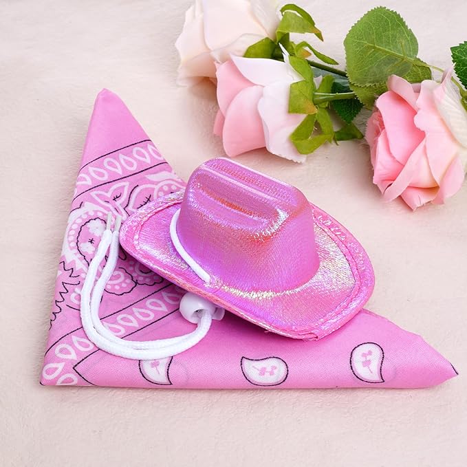 Pet Cowboy Costume Set Neon Sparkly Glitter Space Dog Cat Cowboy Hat Cap Bandana Scarf for Puppy Kitten Halloween Western Cosplay Party (Pink, Medium)
