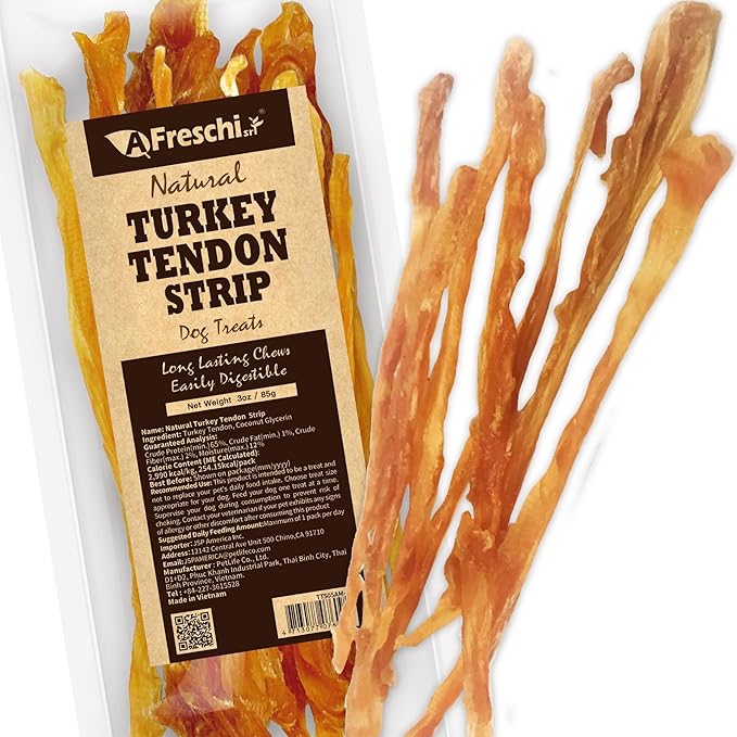 Afreschi Natural Turkey Tendon Strip 10 Units/Box, All Natural Human Grade Puppy Chew, Turkey Sourced from USA, Hypoallergenic, Easy to Digest, Rawhide Alternative