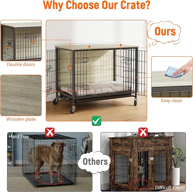 Small Dog Crate Furniture, 27.2"L x 20.1"W x 23.6"H,Indoor Pet Crate with Double Doors, Removable Tray and 360° Wheels, Wooden Countertop Dog Kennel,Gray&Black