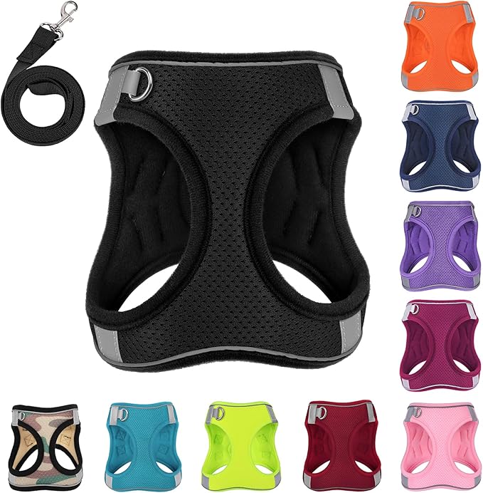 Dog Harness with Leash Set, No-Pull Step-in Reflective Pet Harness with 1 Leash Clips, Adjustable Soft Padded Easy Walk Dog Vest for Small Medium Large Dogs, Cats(Carbon Black, Medium)