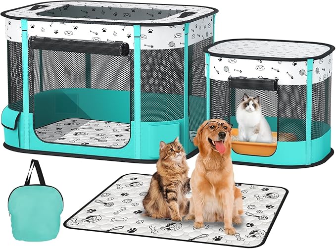 Portable Cat Playpen, Foldable Pet Dog Playpen with Pet Pee Pad, for Kitten Puppy Play Pen Indoor/Outdoor, Cats Enclosure Cages Tent with Carrying Case, 600D Oxford 8-Rods, 32"x24"x22"