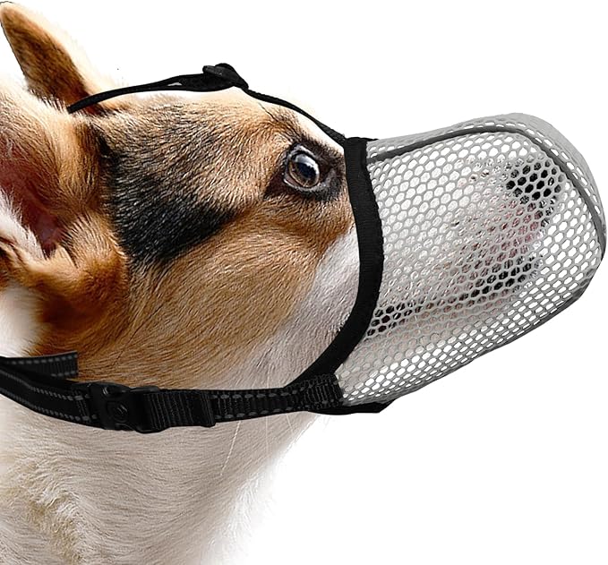 Dog Muzzle, Breathable Soft Muzzle for Small Dogs to Anti & Prevent Barking Biting Chewing, Reflective & Adjustable Basket Muzzle with Air Mesh for Toy Poodles Grey S