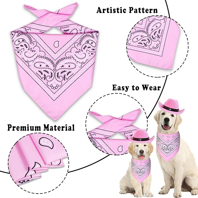 Dog Halloween Costumes, Dog Cowboy Costume Halloween Pet Cowboy Hat Bandana Scarf for Small Medium Large Dogs Pets (Pink Hat & Pink Bandana, Large)