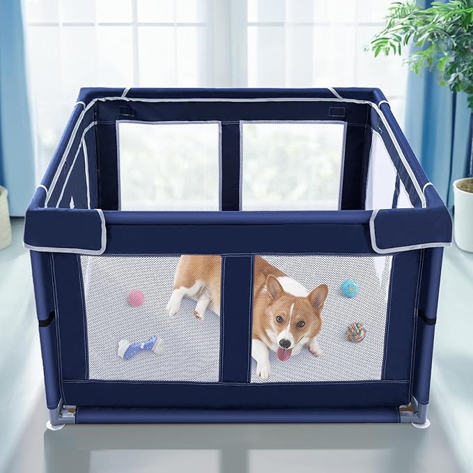 Pet Playpen 42 42 inch, 25 Height with Bottom, for Small Dogs & Animals, Indoor & Outdoor Play Yard with Zipper Door