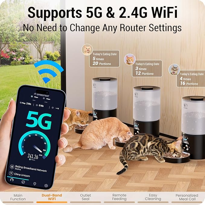 5L Automatic Cat Feeder with Sealed Outlet: 5G WiFi Automatic Dog Feeder with Large Pet Food Storage Container, Auto Cat Food Dispenser for Multiple Pets, Detachable for Easy Clean - 21 Cup