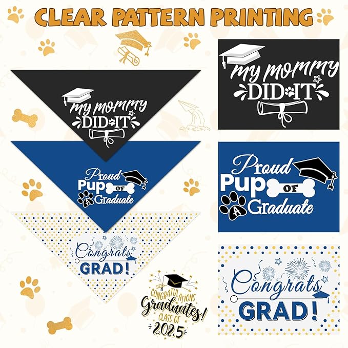 3 Pack Dog Graduation Bandanas Reversible Doggy Graduations Cap and Gown Adjustable Graduat Pet Triangle Scarf Outfit Costume for Small Medium Large Dogs