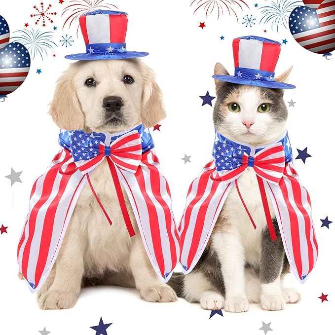 JaGely 3 Pcs Dog 4th of July Outfit Independence Day Costume Set Includes Dog Top Hat, American Flag Bow Tie Collar and American Flag Cape Pet Clothes for Dogs Puppy Cats Kitten(S)