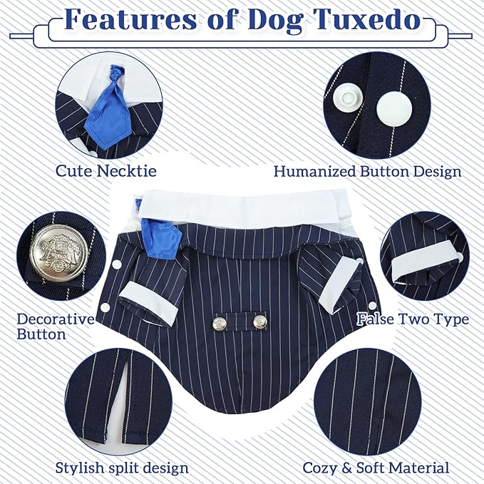 DENTRUN Navy Blue Dog Tuxedo - Formal Pinstripe Pet Suit Shirt with Satin Tie, Elegant Wedding Outfit Birthday Party Attire for Golden Retriever Husky Border Collie Large Dogs (Polyester), XXL