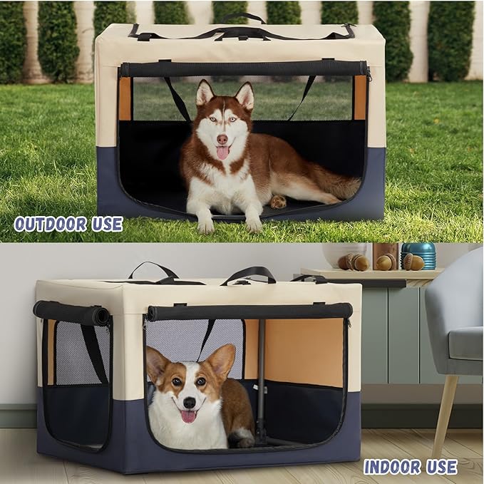 PETSFIT Soft Dog Crate, with Patented Adjustable Fabric Cover, Chewproof & Lockable Mesh Doors, Waterproof Base Collapsible Kennel Beige 36 Inch