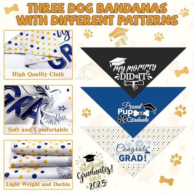 3 Pack Dog Graduation Bandanas Reversible Doggy Graduations Cap and Gown Adjustable Graduat Pet Triangle Scarf Outfit Costume for Small Medium Large Dogs