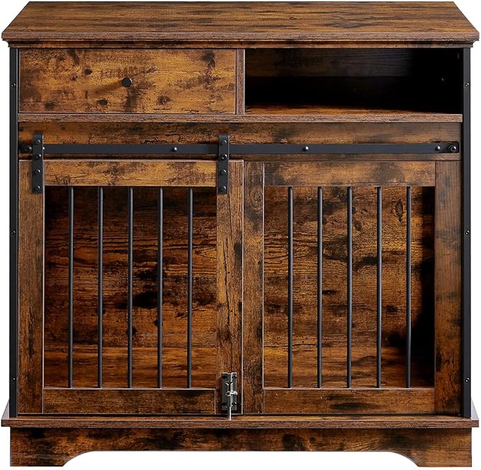 Dog Crate Furniture, Dog House Indoor with Sliding Barn Door, 35" Wood Dog Crate Heavy Duty Dog Kennels Decorative Dog Crate for Small/Medium/Large Dog Brown