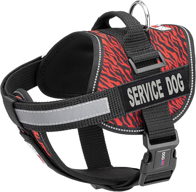 Dogline Unimax Dog Harness Vest with Service Dog Patches Reflective No-Pull, Adjustable Straps, Breathable Neoprene for Medical, Service, Identification and Training Dogs Girth 15 to 19" Zebra Red