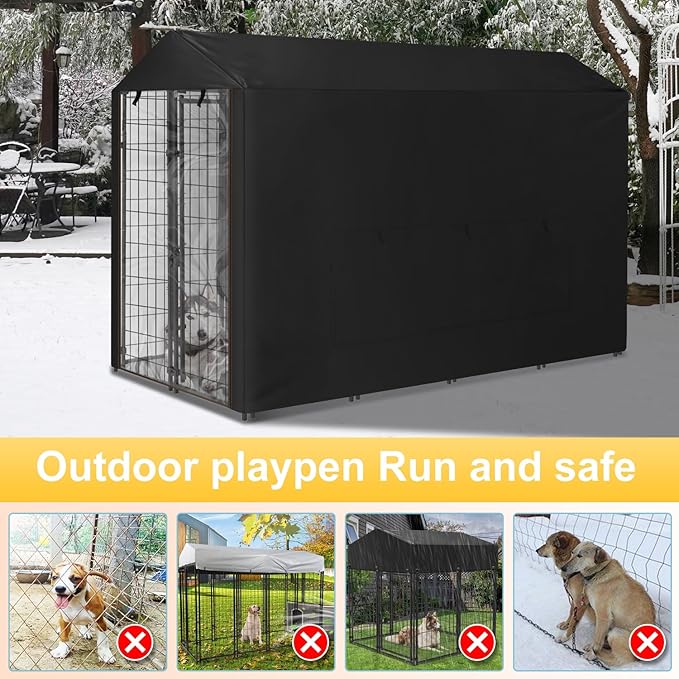 Dog Kennel Cover Large Shade Outdoor Playpen Cover Fully Enclosed Outside Waterproof Dog Crate Cover with Anti-UV Breathable Mesh Window and Clear Pannel for Viewing (Cover only Patent Design)