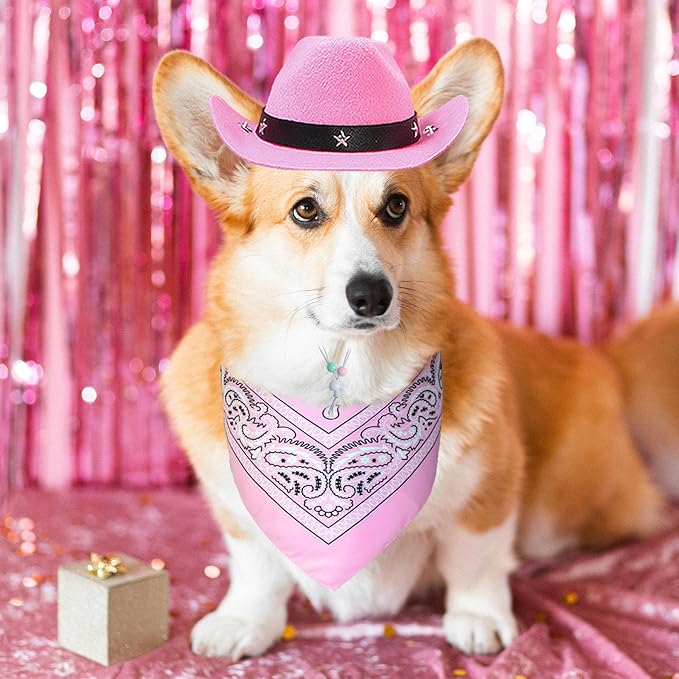 Dog Halloween Costumes, Dog Cowboy Costume Halloween Pet Cowboy Hat Bandana Scarf for Small Medium Large Dogs Pets (Pink Hat & Pink Bandana, Large)
