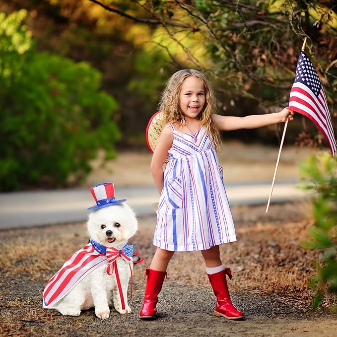 JaGely 3 Pcs Dog 4th of July Outfit Independence Day Costume Set Includes Dog Top Hat, American Flag Bow Tie Collar and American Flag Cape Pet Clothes for Dogs Puppy Cats Kitten(S)