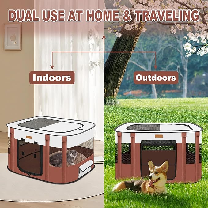 Dog Playpen - Foldable Cat Play Pens for Pubby, Kitten, Rabbit, Portable Pet Tent with Carring Bag for Indoor/Outdoor Travel Camping (Brown-Large)