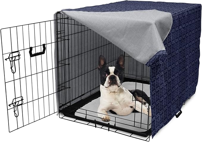 Ambesonne Abstract Geometry Dog Crate Cover, Style Motifs in Squares Rhythmic Arrangement, Easy to Use Pet Kennel Cover for Small Dogs Puppies Kittens, 22 Inch, Blue White