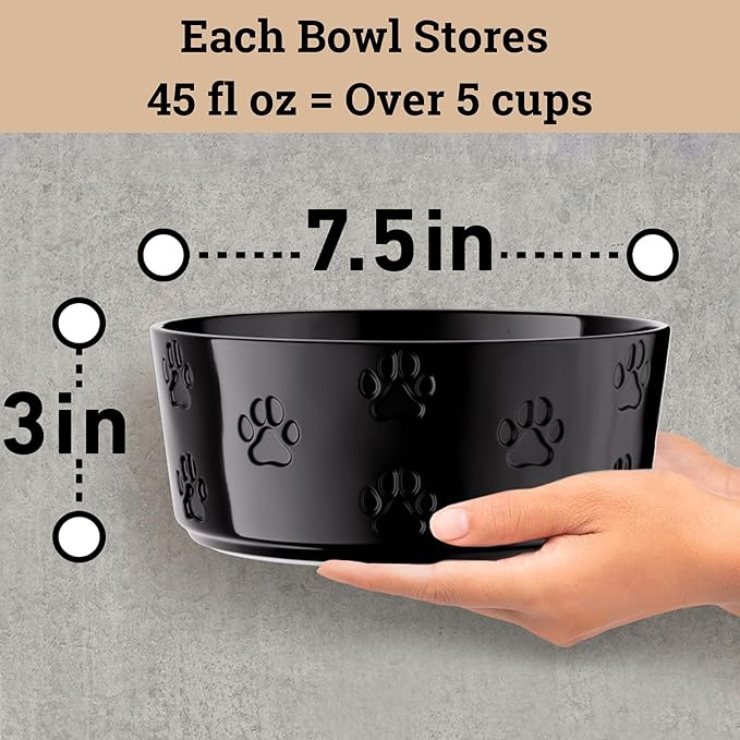 Ceramic Dog Bowl Set of 2 with Anti-Skid Base - 7.5" Wide x 3" Tall Ceramic Dog Bowls for Large Dogs - 5 Cup Capacity Food and Water Bowls for Dogs - Rubber Bottom Pet Bowl Set of 2 for Large Pets
