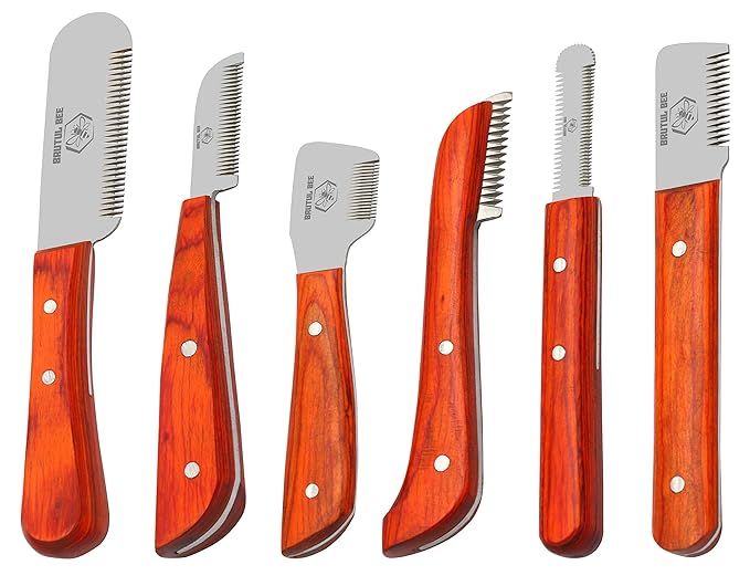 Brutul Bee Dog Grooming Coat Stripping Knife Stripper Trimmer Tool Wooded Handle Stripping Knives Set of 6 in Stainless Steel Non-Slip Tools for Grooming Dogs (Orange)