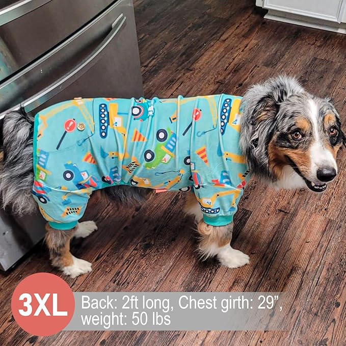 KYEESE Dog Pajamas Velvet Dog Pajamas Large Sized Dogs Soft Dogs Clothes Pjs with Construction Vehicles Pattern Stretchy Pet Jammies Coat Comfy Pet Onesie Costume, 3X-Large