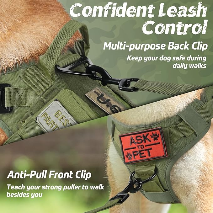 rabbitgoo Tactical Dog Harness for Large Dogs, Heavy Duty Dog Harness with Handle, No-Pull Service Dog Vest Large Breed, Adjustable Military Dog Vest Harness for Training Hunting Walking, Green, XL