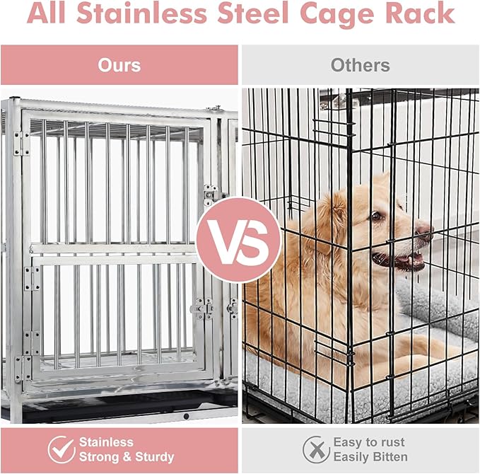42" Heavy Duty Dog Crate Cage Kennel with Wheels, Full Stainless Steel High Anxiety Indestructible Dog Crate, Sturdy Locks Design, Double Door Small Door Design & Removable Tray Design (Silver)