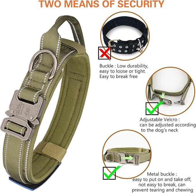 KCUCOP Tactical Dog Collar, Heavy Duty Dog Collar with Handle and Metal Buckle, Military Thick Dog Collars for Medium and Large Dogs(Green-Reflective Set-M, 1 Patch)