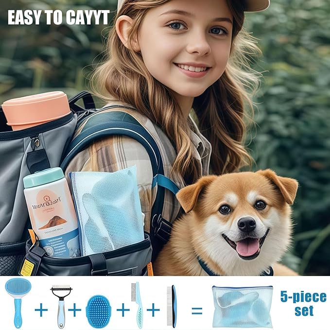 5-in-1 Grooming Kit - Supplies for Short and Long Hair Dogs, Bath Brush, Dematting Rake and Comb (Set of 5, Blue)