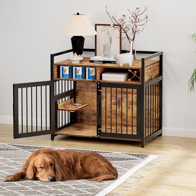 Dog Crate Furniture, 41 Inch Wooden Dog Cage with 2 Drawers, 360° & Adjustable Raised Feeder, Furniture Dog Crate for Medium-Large Dog Indoor