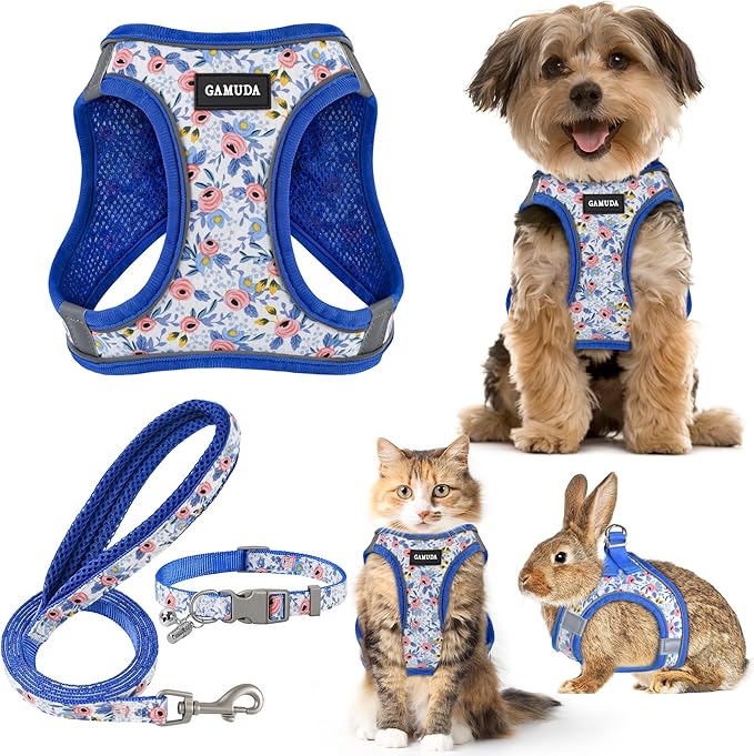 GAMUDA Small Dog Harness Collar and Leash Set, Step in No Chock No Pull Soft Mesh Adjustable Dog Vest Harnesses Plaid Reflective for Dogs Puppy Cats Kitten Rabbit (Blue Flower, XS)