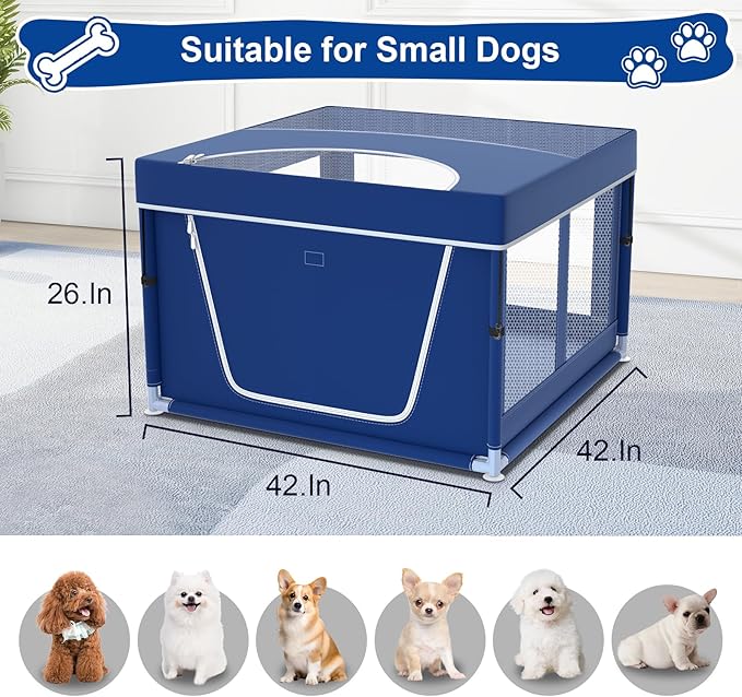 42x42x26 Inches Puppy Playpen with Top Cover, Dog Playpen for Small or Puppy, DogFence Pet Playpen for Indoor & Outdoor, Sturdy Safety Dog Pen with Durable Mesh Windows, Blue